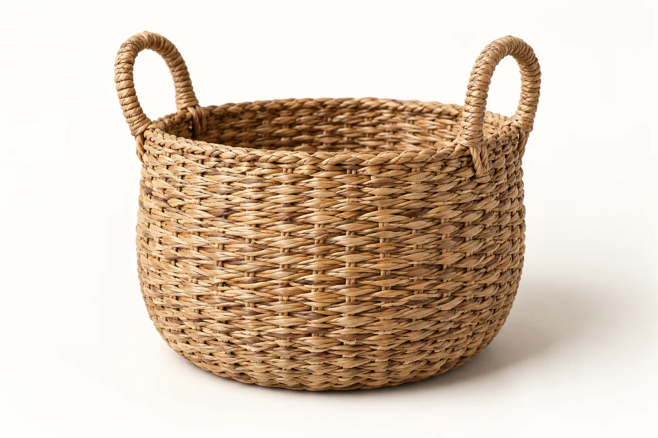 A small handwoven seagrass basket with two loop handles on a seamless warm-white background.