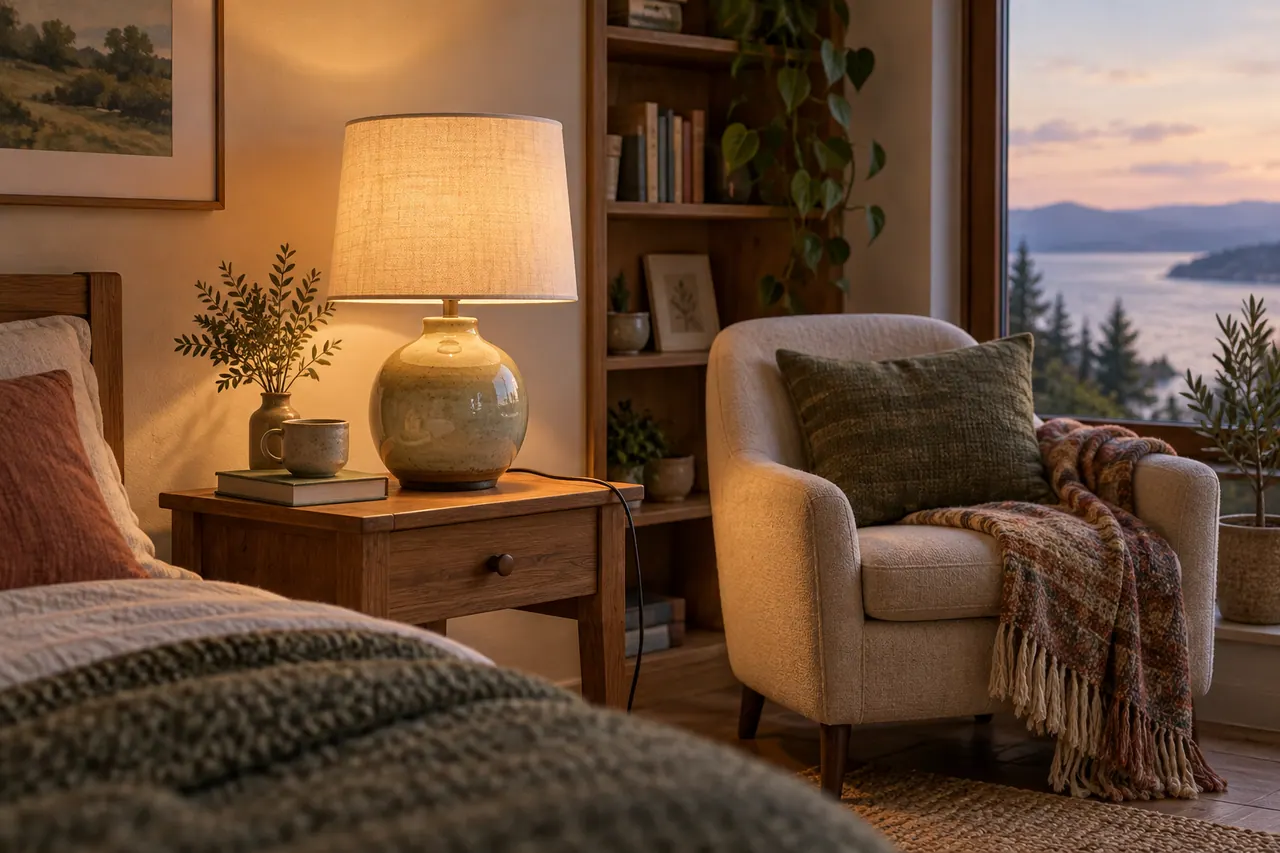 A handmade ceramic table lamp with a rounded softly glazed base and linen shade on a small bedside table in a calm reading corner.